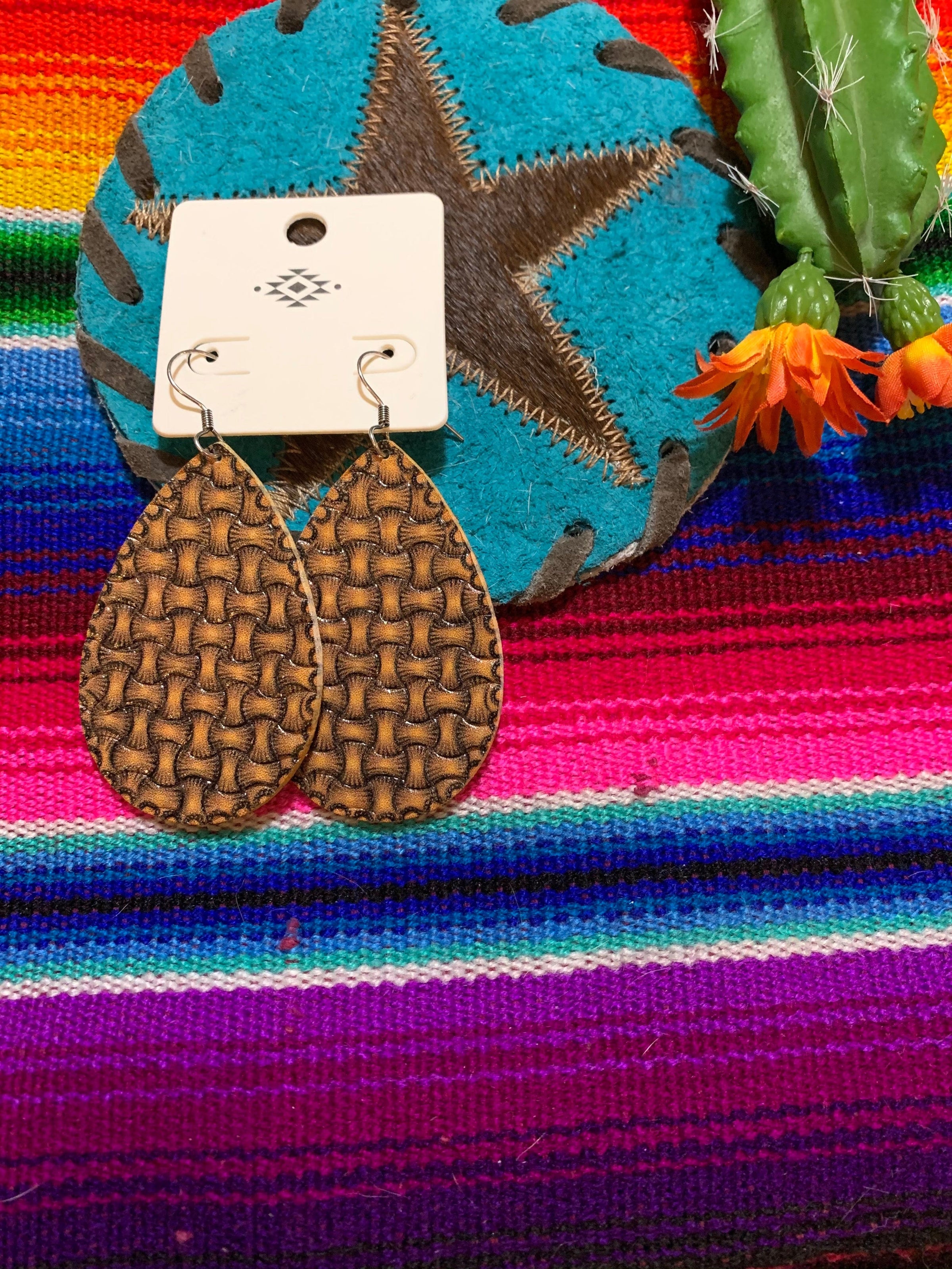 Leather cross-stitch earrings Southwest Bedazzle jewelz
