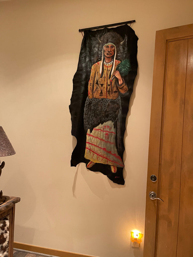 Leather Indian chief hand painted wall hanging Southwest Bedazzle home decor