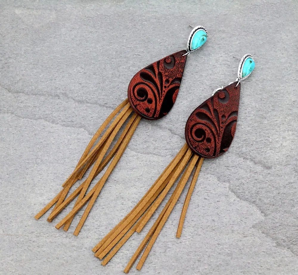 Long 6.5” leather earrings Southwest Bedazzle jewelz