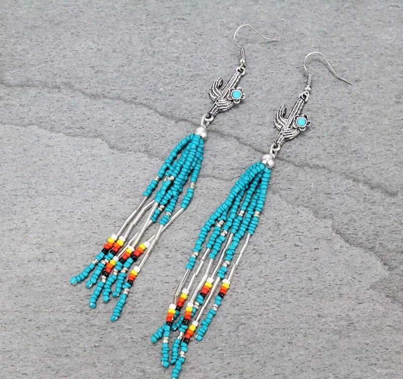 Long beaded Cactus earrings  Turquoise Southwest Bedazzle jewelz
