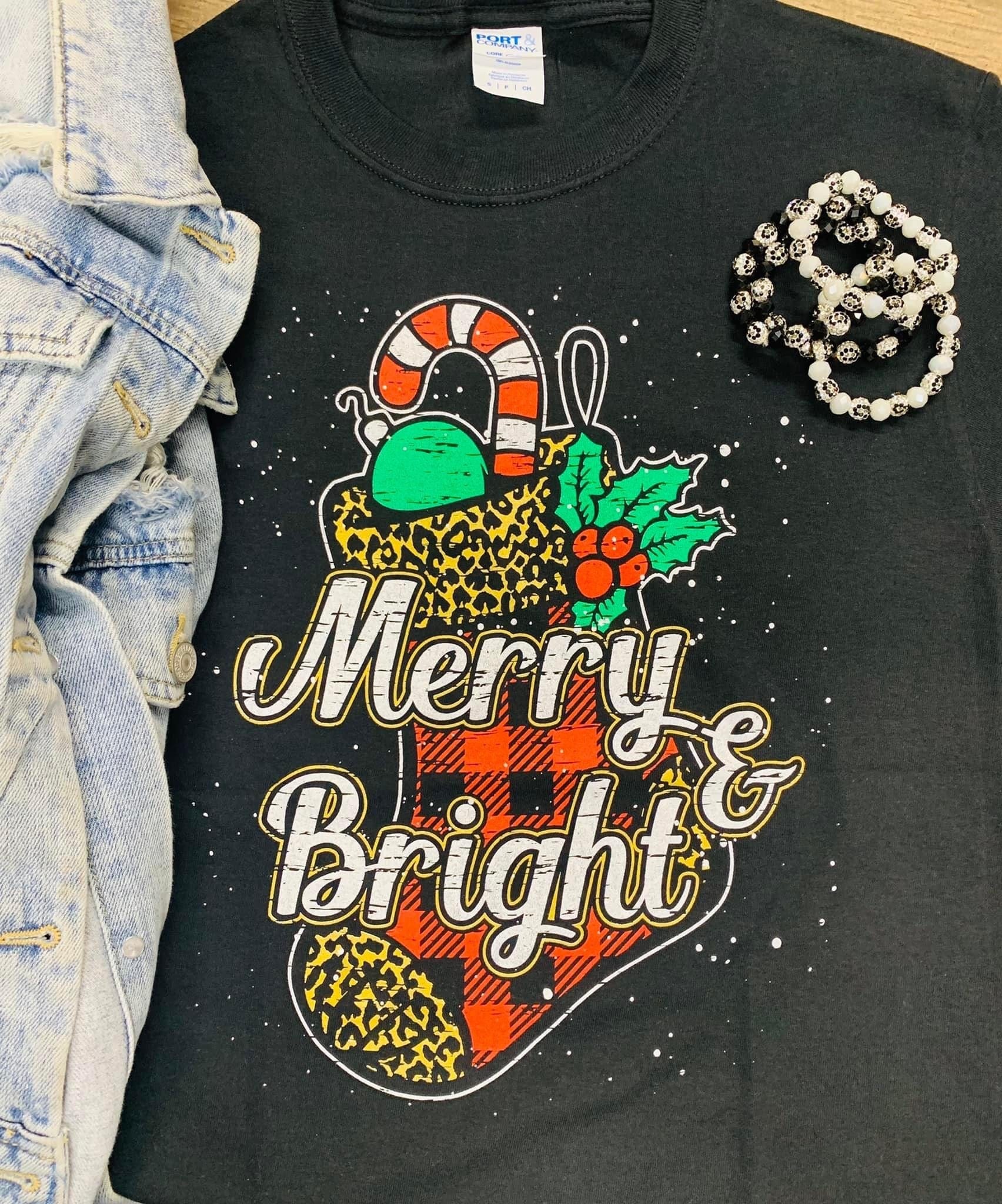 Merry & Bright Christmas tee Southwest Bedazzle clothing