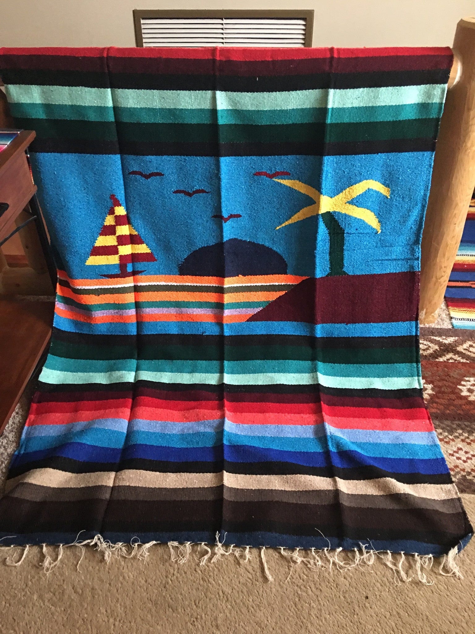 Paisano Blue mexican sunset blanket or rug 79"-50" southwestbedazzle blankets/slippers