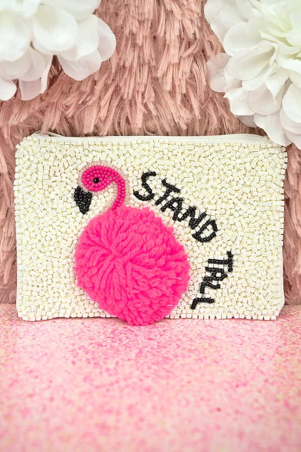 Pom Pom Flamingo beaded coin clutch Southwest Bedazzle jewelz