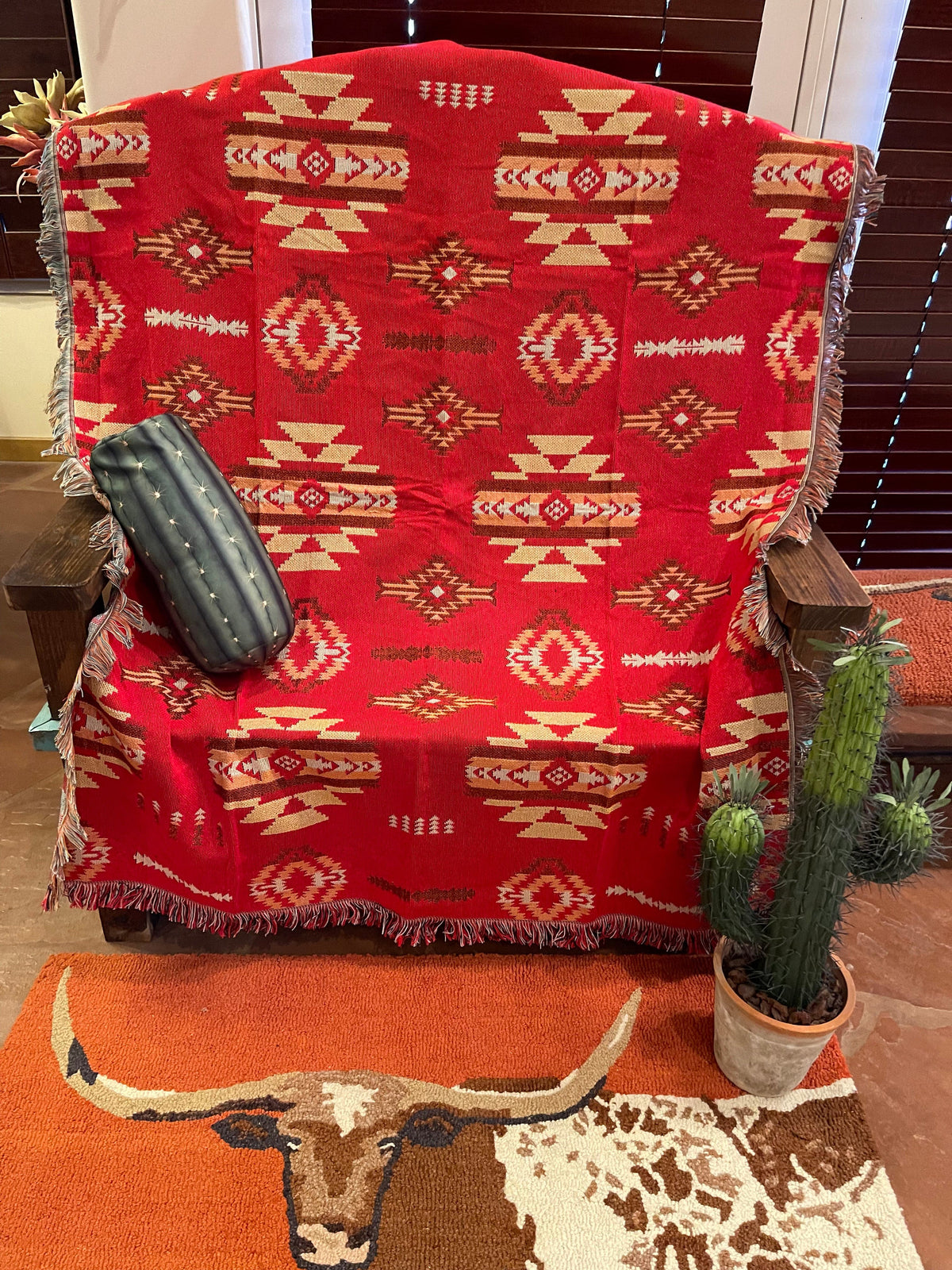 Red WESTERN Aztec Woven TAPESTRY blanket Southwest Bedazzle blankets/slippers