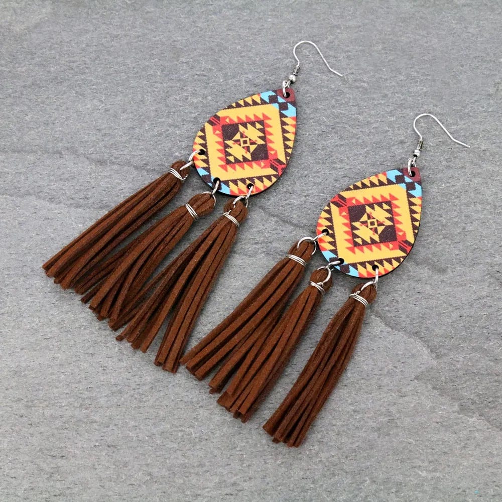 Tan fringe aztec wood earrings Southwest Bedazzle jewelz