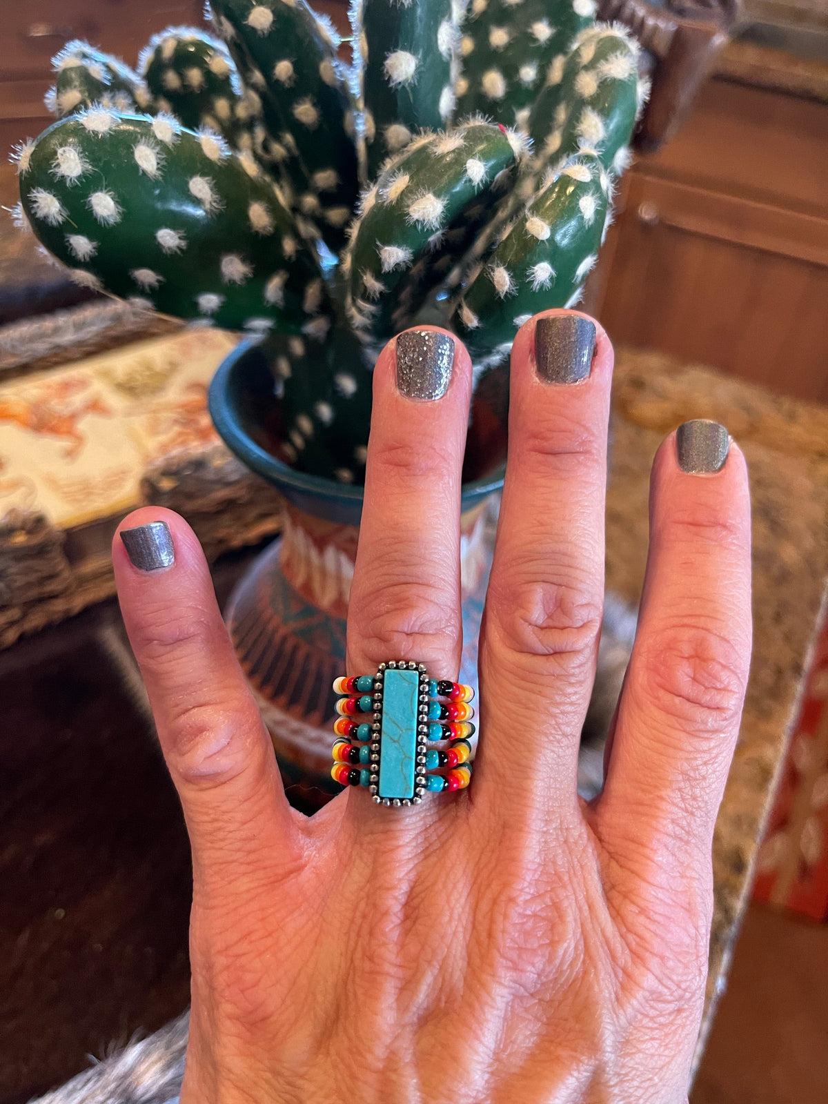 Turquoise beaded bar ring Southwest Bedazzle jewelz