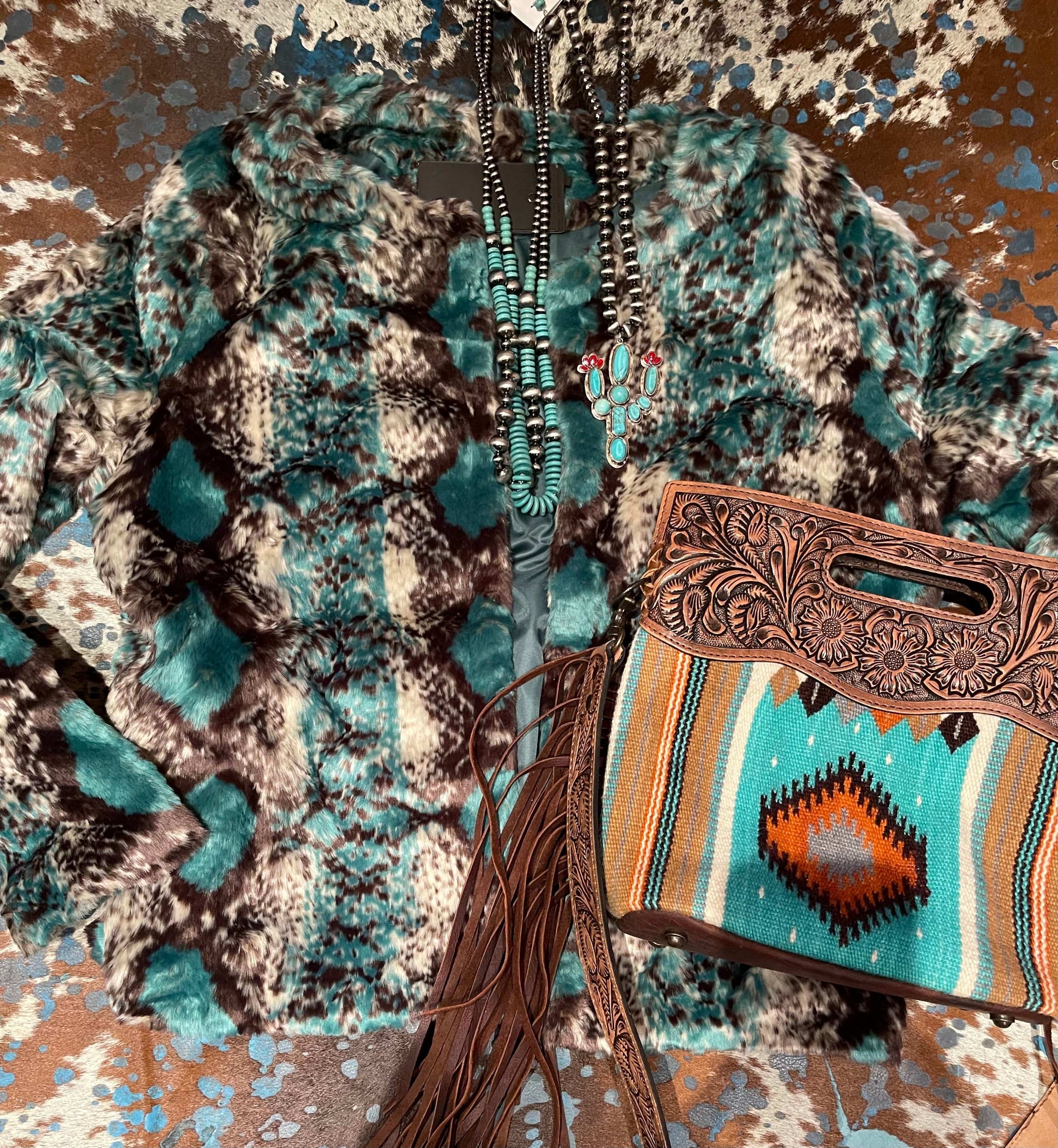 Turquoise snake fur jacket   Plus Southwest Bedazzle Bargain bonanza