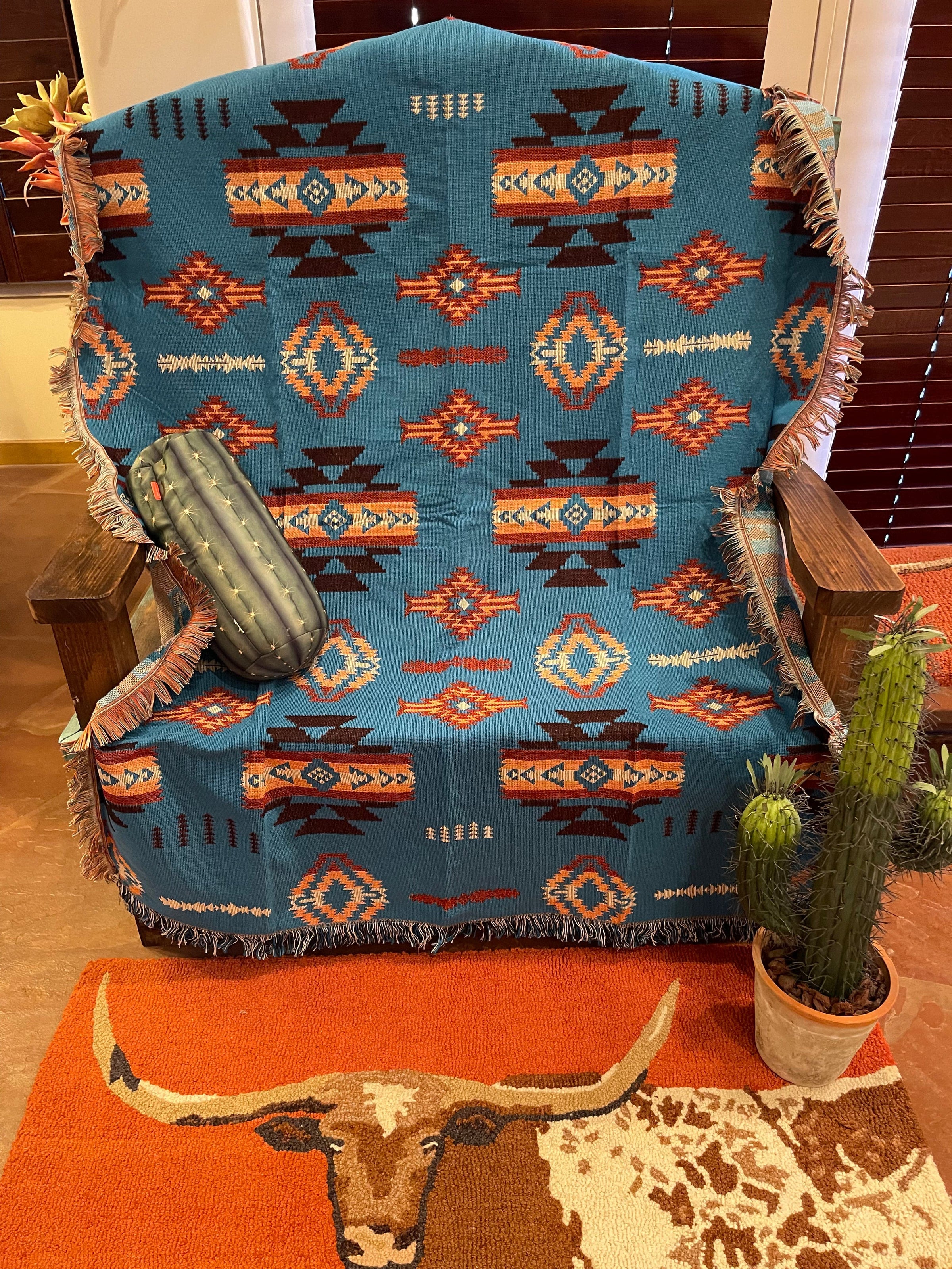Turquoise WESTERN Aztec Woven TAPESTRY blanket Southwest Bedazzle blankets/slippers