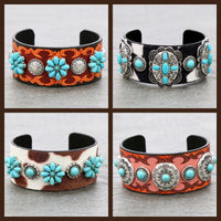 Western hide leather Wide cuff bracelet Southwest Bedazzle jewelz