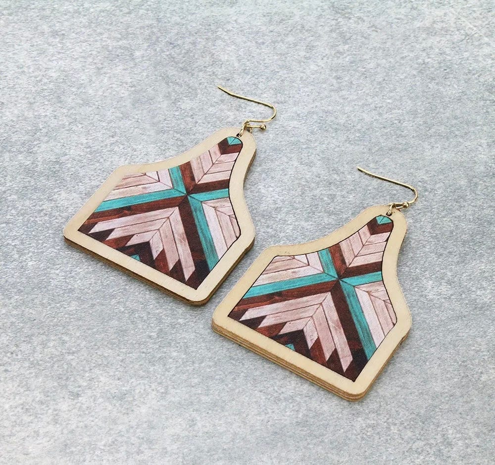 Wood ear tag earrings Southwest Bedazzle jewelz